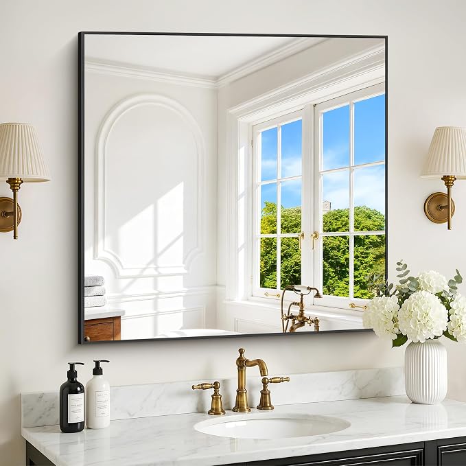 DESBING 36" x 36" Bathroom Mirror, Black Metal Frame Wall Mirror | HD Image,Shatterproof Decorative Square Vanity Mirror for Bedroom Bathroom Living Room Entryway Horizontal or Vertical