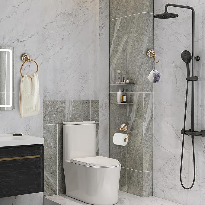 Antique Brass Toilet Paper Holder, Towel Ring, Double Wall Coat Hooks | 3-Piece Zinc Alloy Bathroom Hardware Set, Bathroom Accessories, YIGUANXIN