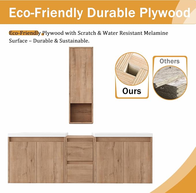 60'' Floating Bathroom Vanity with Double Sink, and 1 Side Cabinet, Brown | Double Sink Combo with 12" Side Cabinet, Plywood Cabinet, Resin Basin, Ample Storage, Soft-close Hinge, Assembly Required