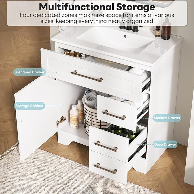 LIKIMIO 30" Bathroom Vanity with Sink, U-Shaped Drawer & 2 Drawers, 1 Door | Freestanding Bathroom Vanity, Integrated Ceramic Sink, Soft-Close Doors & Drawer, Modern Bathroom Cabinet, Assembly Required