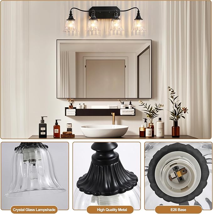 Bathroom Vanity Black Vintage Light Fixture, 4 Lights Bathroom Lighting Matte Antique Brass Finish with Crystal Glass Shade, Black Vintage Vanity Light for Bathroom‘s