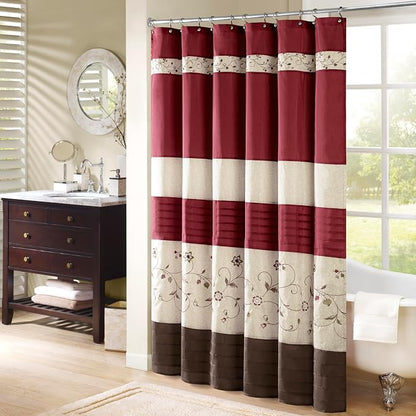 Madison Park Serene Flora Fabric Shower Curtain, mbroidered Transitional Shower Curtains for Bathroom, 72" x 72", Red | Adds Privacy, Machine Washable, Floral Pattern, OEKO-TEX Certified