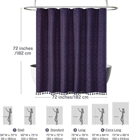 Boho Shower Curtain Dark Purple Woven Fabric Cute Shower Curtain, Tufted Chevron Textured Striped 72" x 72" Modern Farmhouse Minimalist Cloth Shower Curtains for Bathroom