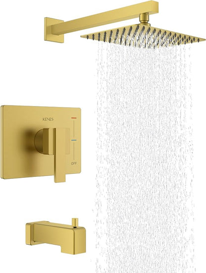 KENES Brushed Gold Shower Set with Tub Faucet, Square Tub Shower Faucet Set | Shower Faucet with 10-Inch Rain Shower Head, Square Shower System, Valve Included, Lead-Free cUPC & NSF Certified, Stainless