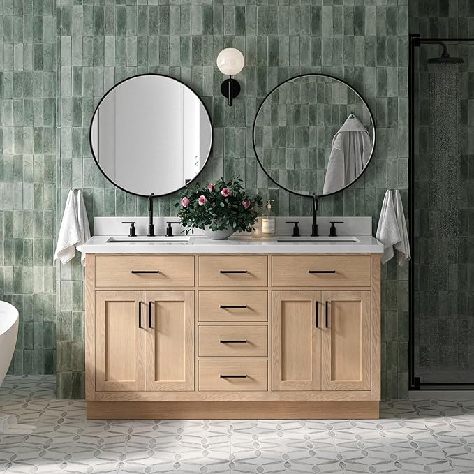 DKB Isabella 60-Inch Oak Double Bathroom Vanity with Sink, Pure White Quartz Countertop 1.5" Edge & 4" Backsplash, Soft Closing Doors & Drawers, Matte Black Hardware