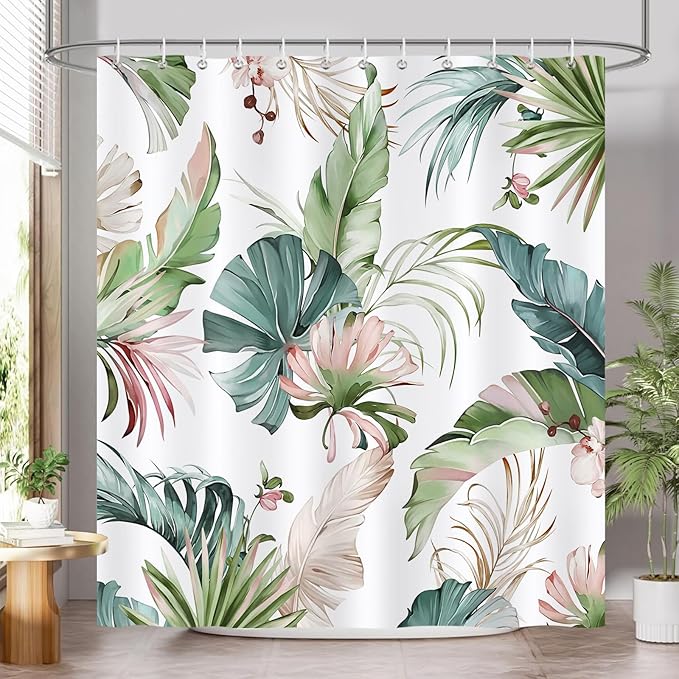 Tropical Leaves Shower Curtain, Pink and Green Palm Leaf Monstera Jungle Plant Shower Curtain for Bathroom Waterproof Polyester Fabric with 12 Hooks, 72 x 72 Inches