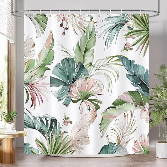 Tropical Leaves Shower Curtain, Pink and Green Palm Leaf Monstera Jungle Plant Shower Curtain for Bathroom Waterproof Polyester Fabric with 12 Hooks, 72 x 72 Inches