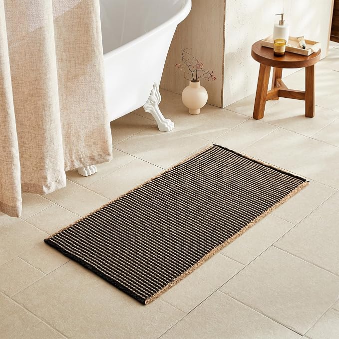 TYUU Waffle Bath Mat, Boho Bathroom Rugs Non Slip, 48x24 Khaki & Black | Super Absorbent Quick Dry Bath Rug, Non-Slip Backing, Soft Waffle Washable Farmhouse Bathroom Mats, Tub, Shower & Home Decor