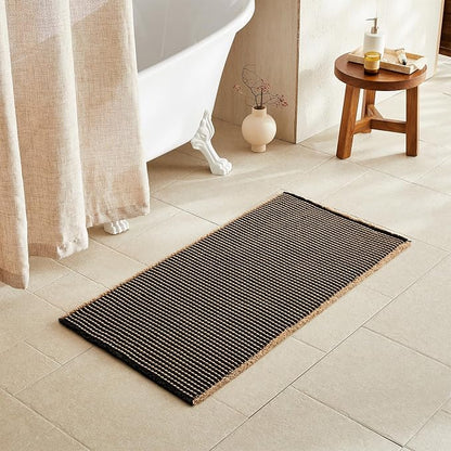 TYUU Waffle Bath Mat, Boho Bathroom Rugs Non Slip, 48x24 Khaki & Black | Super Absorbent Quick Dry Bath Rug, Non-Slip Backing, Soft Waffle Washable Farmhouse Bathroom Mats, Tub, Shower & Home Decor