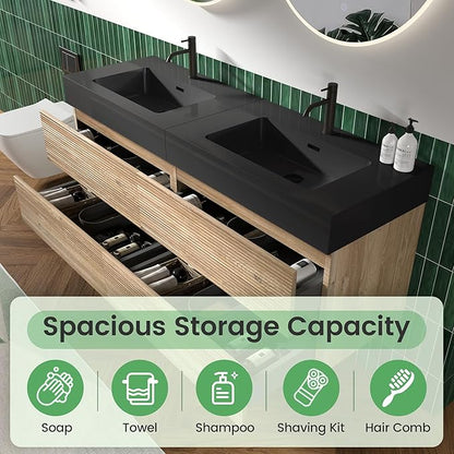 60" Floating Bathroom Vanity with Sink Combo, Modern Floating Double Sink Bathroom Vanity with Black Engineered Stone Tops & 4 Soft-Closing Drawers, Large Storage for Apartment, Hotel, Rough Oak