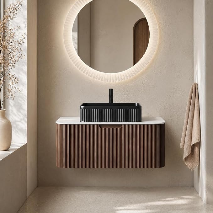 36 Inch Bathroom Vanity with Sink, Floating Wall Mounted Single Sink Vanity, Dark Walnut Curved Fluted Front, Stone Top, Black Textured Rectangular Vessel Basin, Pre-Assembled
