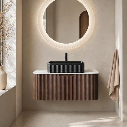 36 Inch Bathroom Vanity with Sink, Floating Wall Mounted Single Sink Vanity, Dark Walnut Curved Fluted Front, Stone Top, Black Textured Rectangular Vessel Basin, Pre-Assembled
