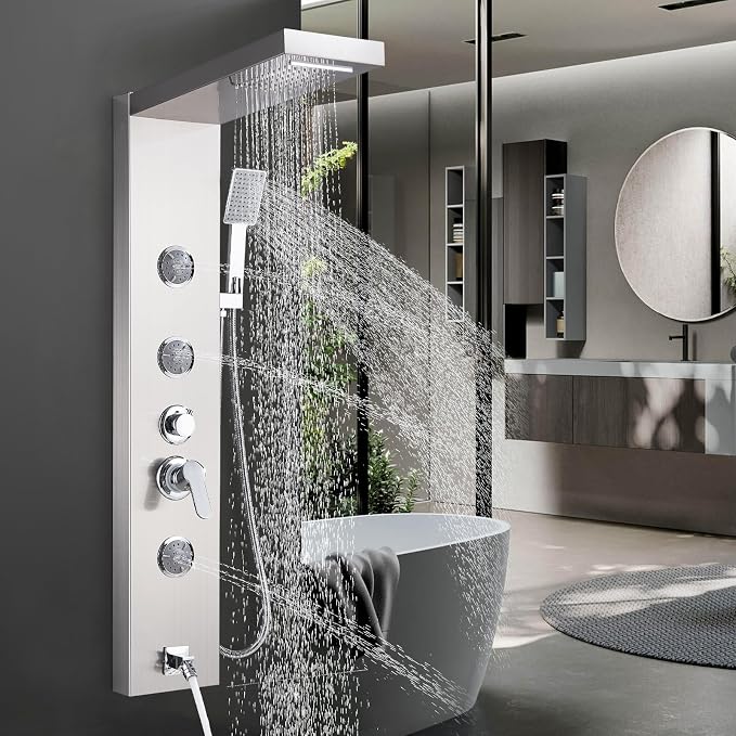 AlenArt Shower Panel Massage Jets Rainfall Waterfall Shower Head, Shower Stainless Steel Wall Mount Massage Multi-Function Bathroom Shower Panel Tower System, Brushed Nickel……