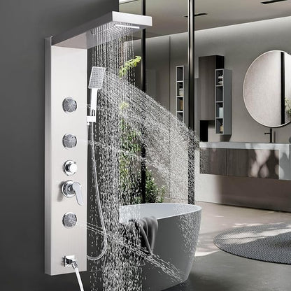 AlenArt Shower Panel Massage Jets Rainfall Waterfall Shower Head, Shower Stainless Steel Wall Mount Massage Multi-Function Bathroom Shower Panel Tower System, Brushed Nickel……