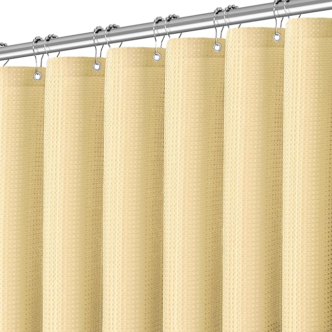Neutral Fabric Shower Curtain for Bathroom Stall, 60 inche Waffle Weave Shower Curtain Beige, Machine Washable Waterproof 256GSM Heavy Duty Weighted with 10 Metal Hooks, 60Wx72H