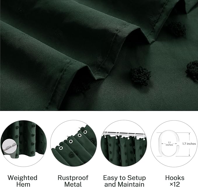 Boho Farmhouse Dark Green Shower Curtain Woven Fabric Shower Curtain, 72 x 72 Tufted Pleat Floral Puffs Textured Modern Farmhouse Minimalist Hunter Green Shower Curtain Set with Hooks for Bathroom