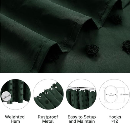 Boho Farmhouse Dark Green Shower Curtain Woven Fabric Shower Curtain, 72 x 72 Tufted Pleat Floral Puffs Textured Modern Farmhouse Minimalist Hunter Green Shower Curtain Set with Hooks for Bathroom