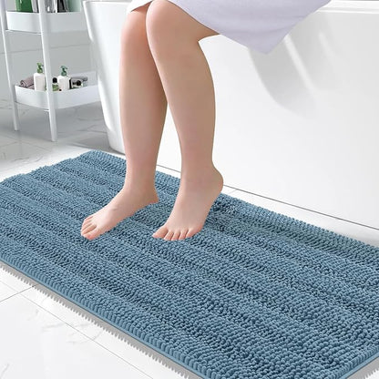 OLANLY Thick Large Bathroom Rugs 50x30, Soft Chenille Bath Rugs, Airy Blue | Absorbent Striped, Rubber Backing, Machine Wash Dry, Bath Mats for Bathroom Floor, Tub and Shower, Home Decor Accessories