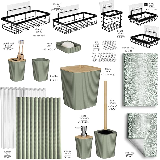 Clara Clark Bathroom Accessories Set - 27PC Bathroom Set with Adhesive Corner Shower Caddy Hanging, Bathroom Sets with Shower Curtain and Rugs, Ombre Sage Green Shower Curtain Set with Trash Can | 27 Piece Ombre Sage Green Bathroom Sets with Shower Cur...