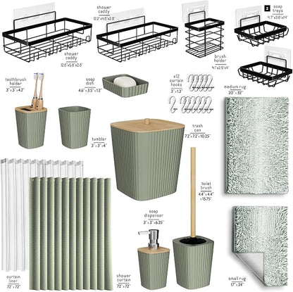 Clara Clark Bathroom Accessories Set - 27PC Bathroom Set with Adhesive Corner Shower Caddy Hanging, Bathroom Sets with Shower Curtain and Rugs, Ombre Sage Green Shower Curtain Set with Trash Can | 27 Piece Ombre Sage Green Bathroom Sets with Shower Cur...