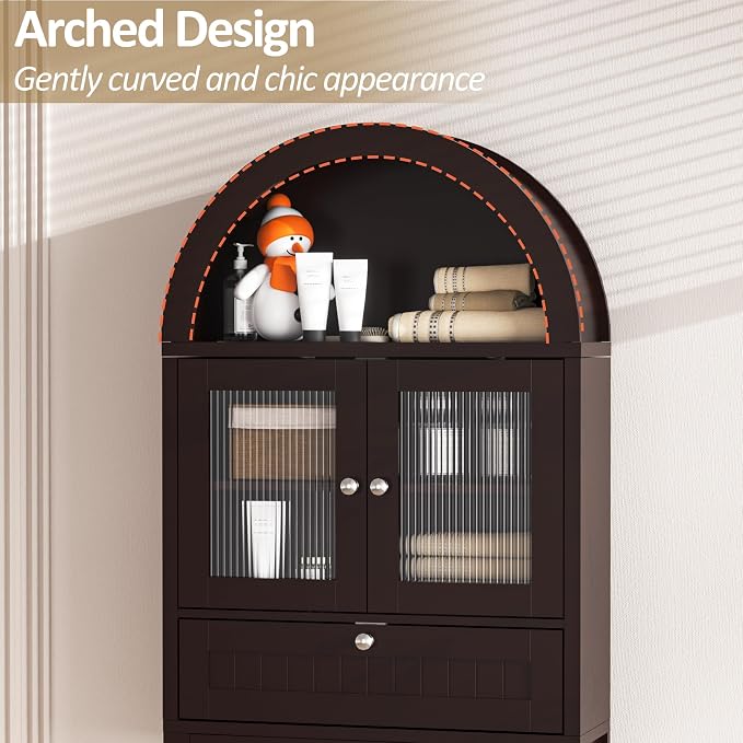 Spurgehom Over The Toilet Storage Cabinet with Glass Door (Coffee) | Freestanding Bathroom Shelf Equipped with Anti-Tipping Device, Space-Saving Vertical Toiletries Storage Cabinet
