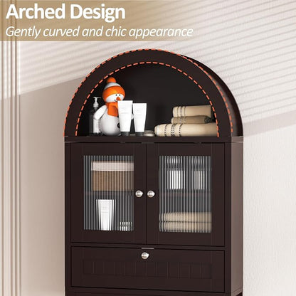Spurgehom Over The Toilet Storage Cabinet with Glass Door (Coffee) | Freestanding Bathroom Shelf Equipped with Anti-Tipping Device, Space-Saving Vertical Toiletries Storage Cabinet
