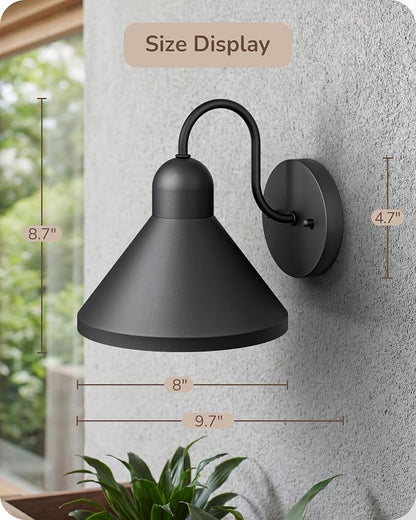 EDISHINE 2 Pack Outdoor Wall Light, 8IN Gooseneck Barn Light Fixture, Farmhouse Outside Wall Sconce, Black Matte Wall Mount Lantern for Porch, Entryway, Garage