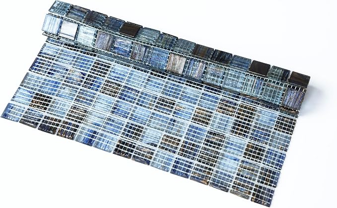 Mesh-Mounted Glass Mosaic Tile Backsplash, 12” x 12” Mixed Blue Wall Glass Backsplash Tile for Kitchen Bathroom Swimming Pool (8 Sheets, 8 sq.ft)