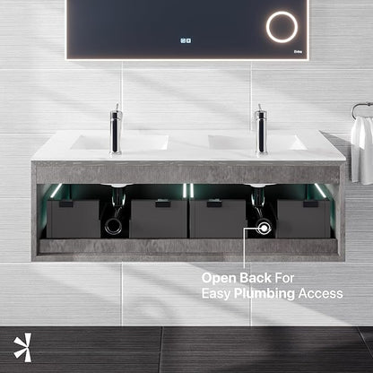 Eviva Aurora 48 in. Concrete Gray Wall Mount Double Sink Bath Vanity with Carrara Quartz Top