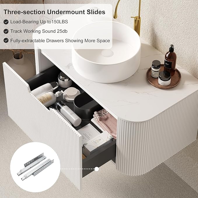 30 inch Bathroom Vanity with Sink, Floating Cabinet with Ultra-Thin Ceramic Basin and Marble Top, Extra Large Storage Drawer, Soft-Close Design, White