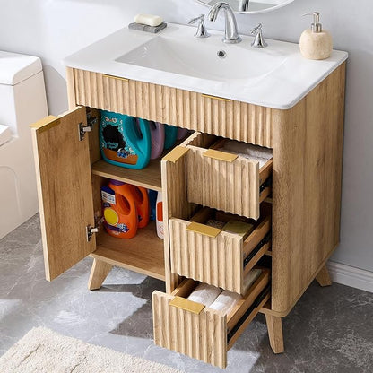 T4TREAM 30" Fluted Bathroom Vanity with Ceramic Sink Combo，Freestanding Modern Bathroom Storage Vanity Cabinet with 2 Soft Closing Doors & 3 Drawers，Wood Grain Texture，Metal Handle，Natural Oak | Fluted, Freestanding, Modern, Bathroom Storage, Vanity Ca...