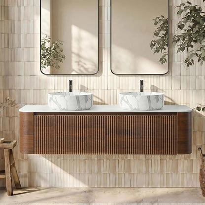 60" Floating Bathroom Vanity with Carrara Finish Sink, Walnut | Pre-Assembled Fluted Wall Mounted Double Sink Vanity with Sintered Stone Countertop, Soft-Close Drawers & Towel Rack