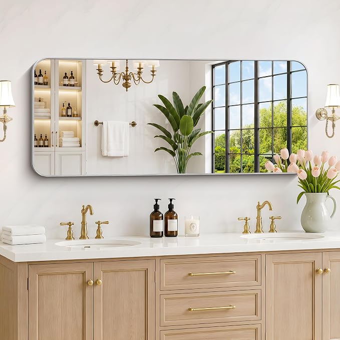 DESBING 55"x24" Bathroom Mirror for Over Sink, Silver Framed Wall Mirror | High-Definition Shatterproof Vanity Mirror with Rounded Corner for Bedroom Living Room Entryway Horizontally or Vertically