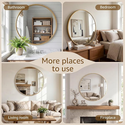 DUMOS 24 Inch Round Wall Mirror, Bathroom Mirrors for Over Sink | Matte Metal Framed Circle Mirror, Wall Decor for Bedroom, Entryway, Anti-Rust, Tempered Glass, Hanging or Leaning, Gold