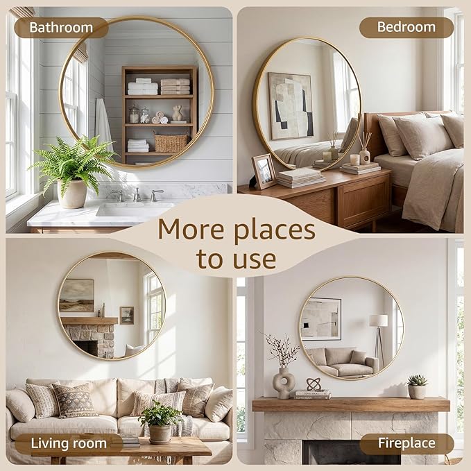 DUMOS 28 Inch Round Wall Mirror, Bathroom Mirrors for Over Sink | Matte Metal Framed Circle Mirror, Wall Decor for Bedroom, Entryway, Anti-Rust, Tempered Glass, Hanging or Leaning, Gold