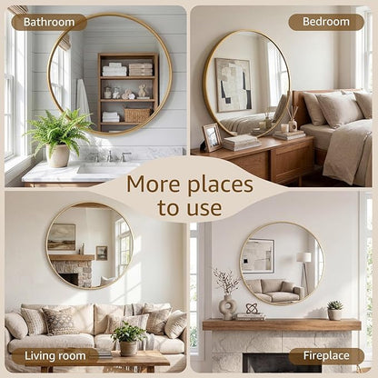 DUMOS 28 Inch Round Wall Mirror, Bathroom Mirrors for Over Sink | Matte Metal Framed Circle Mirror, Wall Decor for Bedroom, Entryway, Anti-Rust, Tempered Glass, Hanging or Leaning, Gold