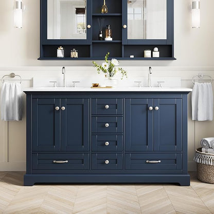 WELLFOR 60" Bathroom Vanity with Double Sinks, Bathroom Freestanding Vanity W/4 Soft-Close Doors and 6 Drawers, Large Storage Space Vanity, Bathroom Vanity with Cultured Marble Countertop (Navy Blue)