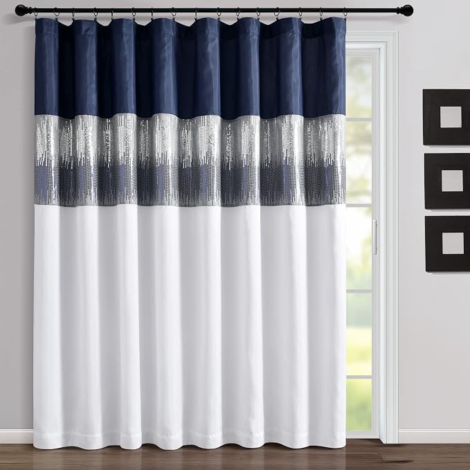 Lush Decor Night Sky Window Curtain Panel, Single 100"W x 84"L Navy & White - Sequin Backdrop Curtain - Extra Wide Curtains - Sliding Door Curtain