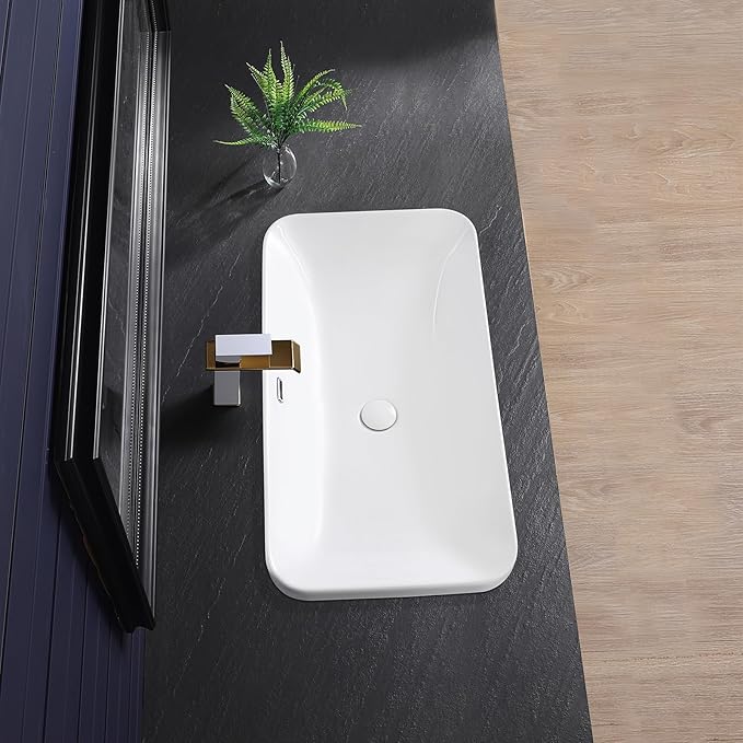 Vessel Sink 32"x17" Semi Recessed Bathroom Sink Drop-in White Bathroom Sink Porcelain Ceramic Modern Rectangular Sinks Drop-in Vanity Sinks with Overflow for Bathrooms