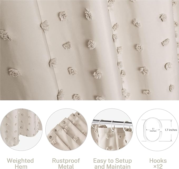 Boho Farmhouse Natural Shower Curtain Woven Fabric Shower Curtain, 72 x 72 Tufted Pleat Floral Puffs Textured Modern Farmhouse Minimalist Shower Curtain Set with Hooks for Bathroom