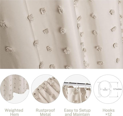 Extra Long Boho Farmhouse Shower Curtain Woven Fabric Natural Shower Curtain, 72 x 78 Tufted Pleat Floral Puffs Textured Modern Farmhouse Minimalist Shower Curtain Set with Hooks for Bathroom