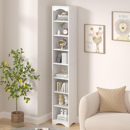 VECELO Curved Top Narrow Tall Bookshelf, 6 Adjustable Movable Shelves, Wood Space Saving Corner Storage Organizer, Pearl White