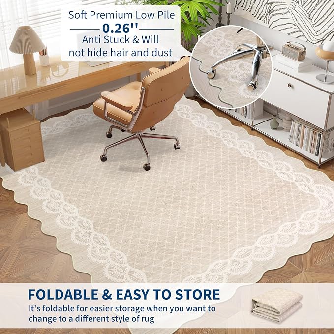 GarveeHome Scalloped Washable 8x10 Rugs for Living Room, Large Modern Bedroom Carpet with Non-Slip Backing, Non Shedding Low Pile Neutral Rug, Washable Scalloped Carpet for Farmhouse, Beige
