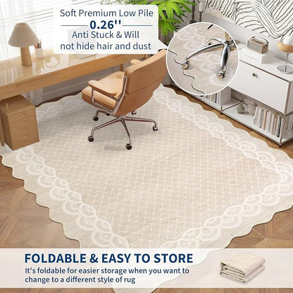 GarveeHome Scalloped Washable 8x10 Rugs for Living Room, Large Modern Bedroom Carpet with Non-Slip Backing, Non Shedding Low Pile Neutral Rug, Washable Scalloped Carpet for Farmhouse, Beige
