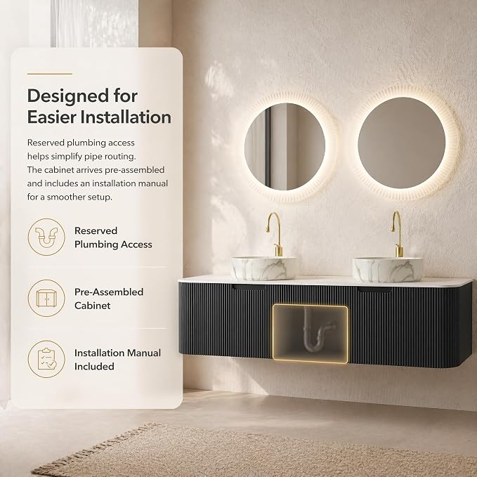 60 Inch Double Sink Bathroom Vanity, Floating Wall Mounted Cabinet, Black Curved Fluted Front, Stone Top, Dual Marble-Look Round Vessel Basins, Pre-Assembled