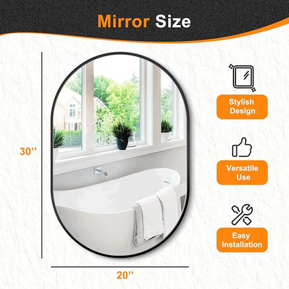 30x20 Black Oval Bathroom Mirror for Over Sink, Aluminum Frame | HD Reflection No Distortion, Aluminum Frame, Mounting Hardware for Vertical or Horizontal Mount