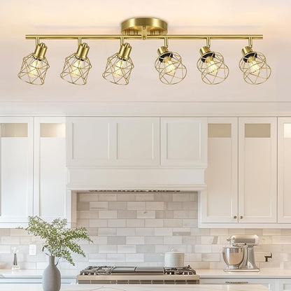 Baocuz 6-Lights Gold Semi Flush Mount Ceiling Light, Adjustable Multi-Directional Light Fixtures, Rotatable Farmhouse Light Fixtures with Metal Cage for Dining Room, Living Room, Kitchen