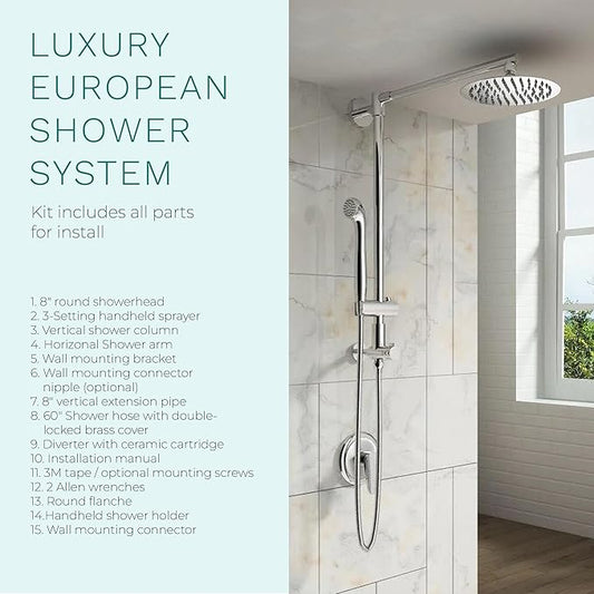 Fennocasa Polaris 3 Retrofit Rain Shower System, 3-Setting Handheld Shower Combo with Slide Bar, 8" Low Profile Shower Head (2.5 GPM Chrome)