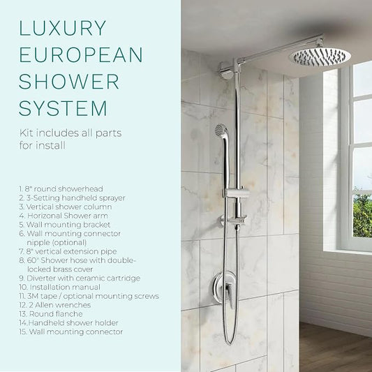 Fennocasa Polaris 3 Retrofit Rain Shower System, 3-Setting Handheld Shower Combo with Slide Bar, 8" Low Profile Shower Head (2.5 GPM Chrome)