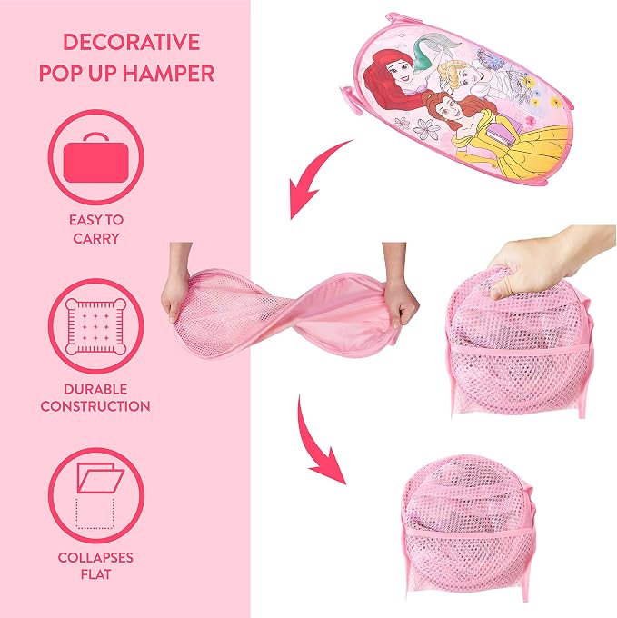 Disney Princess Pop-Up Laundry Hamper for Kids,Collapsible Mesh Storage Basket with Handles, Foldable Toy & Clothes Organizer, Pink Princess Design